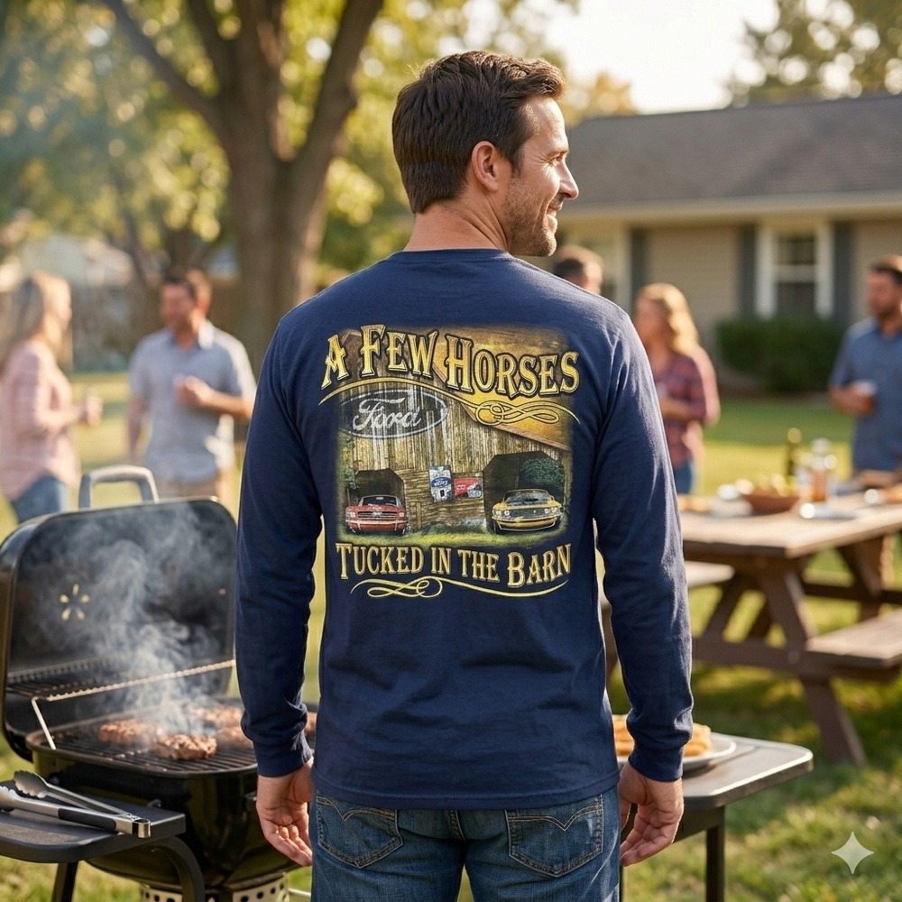 Ford Mustang Long Sleeve T-Shirt Mens Med Navy Blue Excellent Barn Graphic Tee - Picture 2 of 9